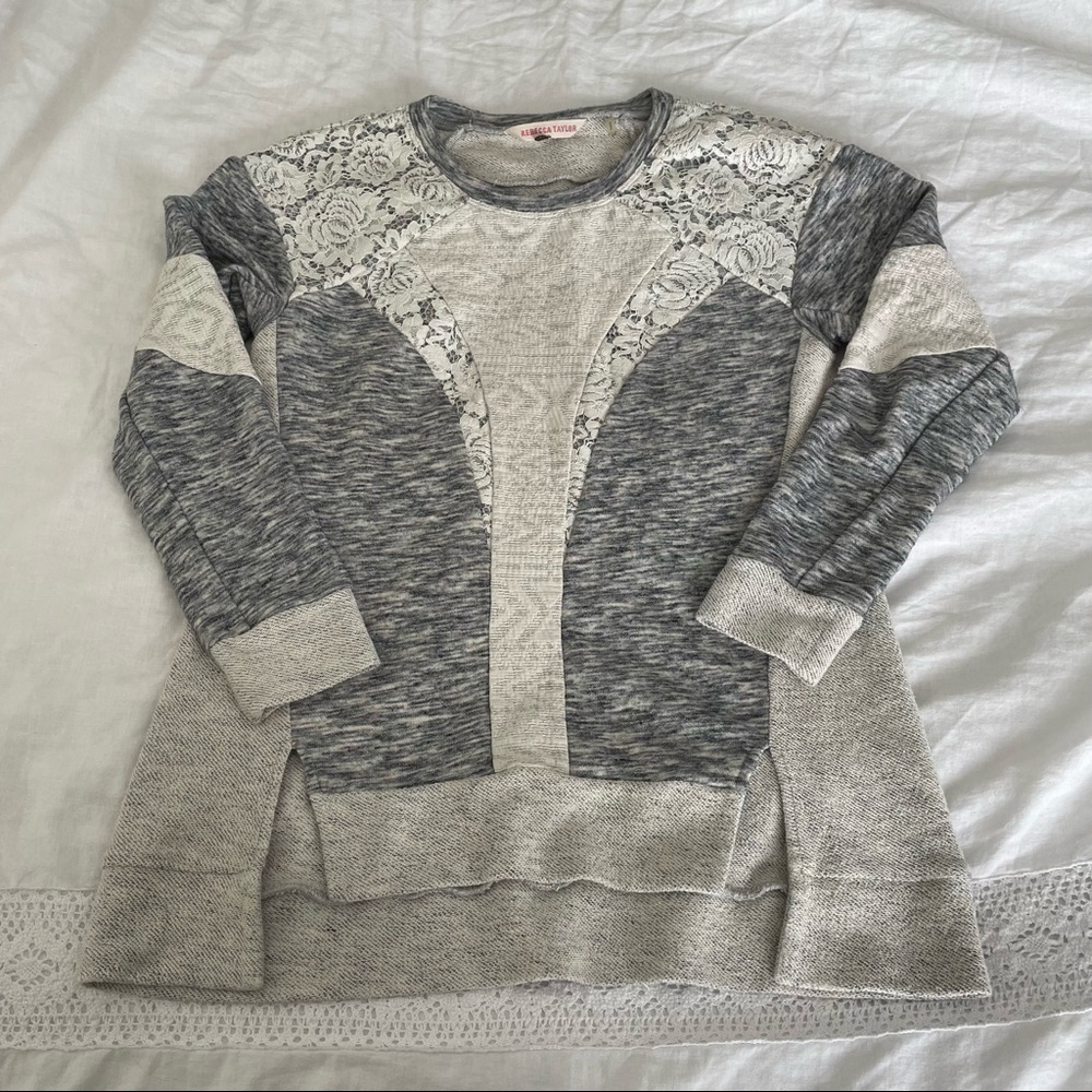Rebecca Taylor SMALL marle Gray lace sweatshirt mixed media knit high low